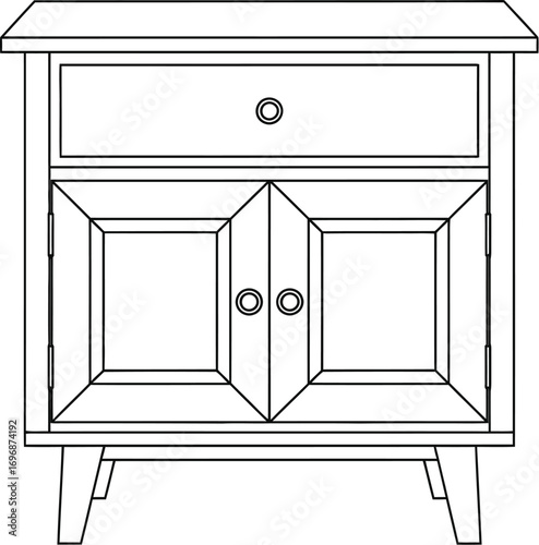 Simple line drawing of a vintage wooden nightstand with one drawer and two cabinet doors