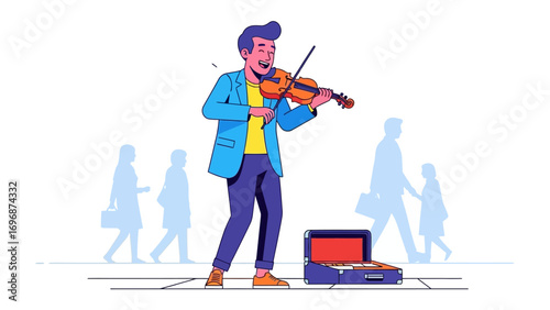 Melody Maestro on the Streets: A young street musician, filled with joyous energy, plays a beautiful melody on his violin.