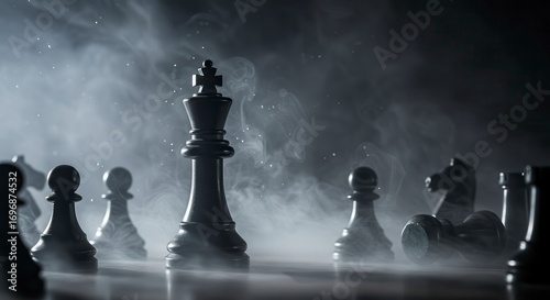 Matte black chess king emerging through cinematic fog with leading lines and a broad right-side headline zone, business strategy visual for leadership articles, consulting pitches, and growth playbook