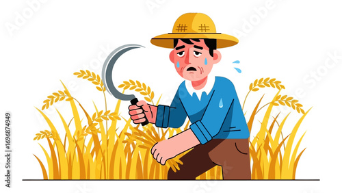 The Weary Farmer: A farmer stands exhausted amidst a field of golden wheat, his face etched with the marks of hard work.