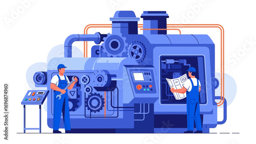 Precision Engineers: Two engineers, collaborating diligently, work on a large industrial machine, embodying the synergy of human expertise and the complexity of modern technology.
