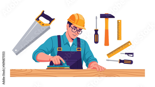 Carpentry and Craftsmanship: A skilled craftsperson meticulously working with tools, crafting and sanding wood to perfection, showcasing precision and dedication to the art of woodworking.