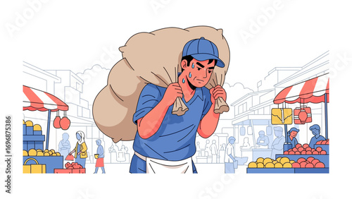 Market Porter Carrying Sack: An illustration shows a focused market porter carrying a heavy sack on his shoulder, navigating the bustling atmosphere of a local market filled with colorful produce.