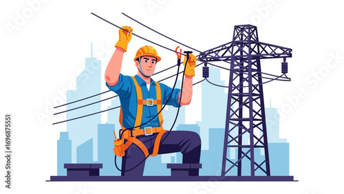 Electrical Grid Technician at Work: A skilled technician wearing a harness, meticulously working on a power line against the backdrop of a modern cityscape, ensuring the reliable flow of electricity.