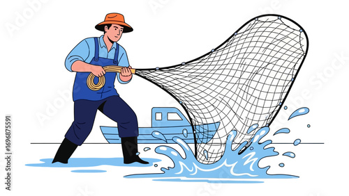 Fisherman at Work: A fisherman, focused and determined, casts his net into the sea. The image evokes the essence of his daily life, capturing the art of angling with a touch of artistic finesse.
