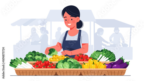 Fresh Harvest: A vibrant illustration captures a vendor at a bustling farmer's market, surrounded by an array of fresh, colorful produce. Showcasing the essence of local food and healthy eating.