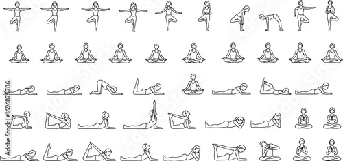Yoga pose collection featuring simplified human figures in various postures for wellness, meditation, flexibility, balance, stretching, and relaxation