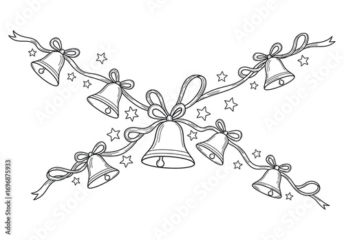 Festive Christmas Bells Decoration with Stars and Ribbons, Elegant Hand-Drawn Line Art for Seasonal Celebrations