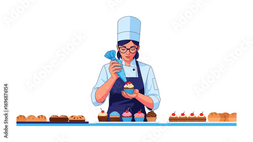 Sweet Artistry: A skilled confectioner adds finishing touches to a delectable cupcake, surrounded by a tempting array of baked goods. The scene emanates a sense of artisanal craftsmanship, expertise.