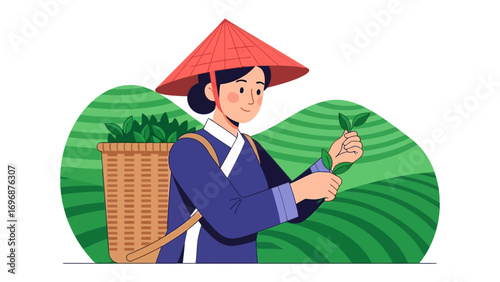 Tea Harvesting: A woman in traditional attire, harvesting tea leaves with a red hat, in a serene, sun-kissed tea plantation, painted in a clean, modern style.