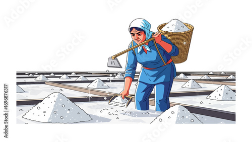 Salt Worker's Harvest: A hardworking individual, carrying a basket of harvested salt and using a hoe to work with salt, working diligently, a unique glimpse into traditional practices.