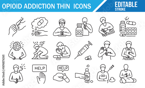 Thin stroke icons pack illustrating drug abuse, opioid crisis, treatment, support, and rehabilitation concepts