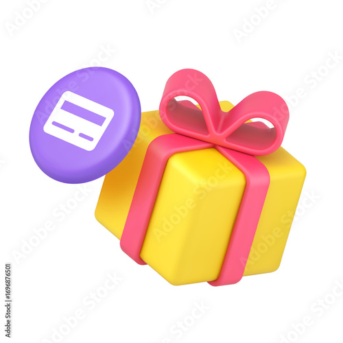 Gift box and credit card icon for ecommerce websites and celebration themes. Represents present, reward, purchase, transaction, and surprise. Modern 3d icon realistic vector illustration.
