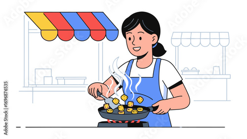 Culinary Delight: A woman stands over a sizzling pan, expertly flipping golden-brown morsels, her focus and passion a testament to the art of cooking, set against the backdrop of food stall.