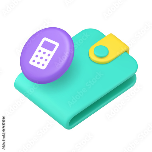 Wallet and calculator icon for finance apps and budget management tools. Represents money, calculation, expense, savings, and accounting. Modern 3d icon realistic vector illustration.