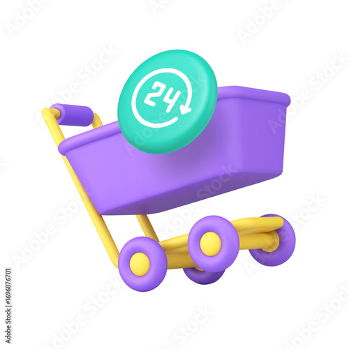 24 7 online shopping service and retail availability concept with shopping cart and round the clock badge. Modern 3d icon realistic vector illustration.