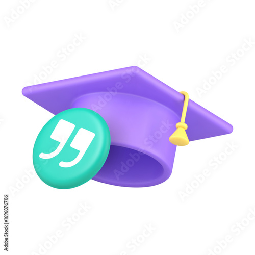Academic education achievement and citation reference concept with graduation cap and quotation marks symbol for learning application. Modern 3d icon realistic vector illustration.