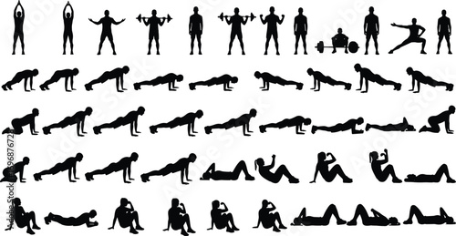 Silhouette workout exercises collection showing bodyweight training, push‑ups, sit‑ups, stretching, and strength fitness routine for health, gym, sports, and active lifestyle illustration