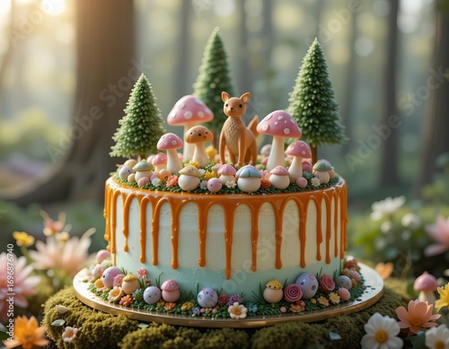 Whimsical forest-themed cake with adorable animal figurine and mushroom decorations, perfect for a magical celebration.