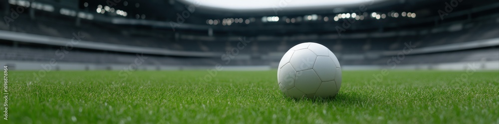 Obraz premium Soccer ball on lush green grass at empty stadium