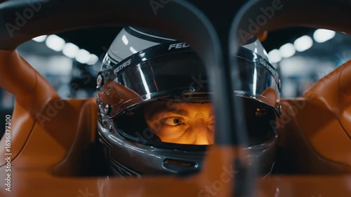 Focused Race Car Driver in Cockpit - A close-up shot of a race car driver's intense gaze from inside an orange Formula 1 car cockpit.