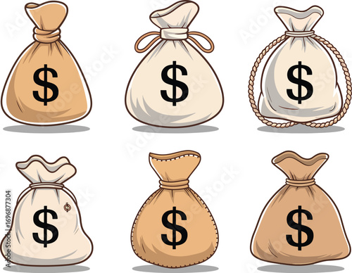 Money Bag Vector Illustration Set. Cartoon Dollar Sack Icons for Finance, Banking, Investment, Savings and Wealth Symbol Design