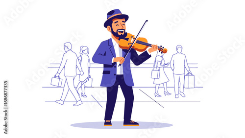 Musical Serenade: A charismatic musician, a gentleman with hat and bow, plays the violin amidst a backdrop of blurred pedestrian, producing a melody. Capturing the soulful essence of music in public.