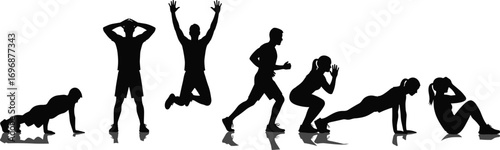 Silhouette Set of People Exercising – Fitness, Workout, and Sports Poses Vector Illustration
