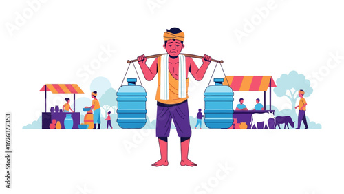Marketplace Labor: An illustration of a hardworking vendor bearing two large water containers across his shoulders against the backdrop of a bustling marketplace.