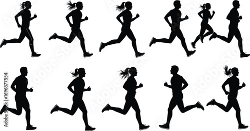 Silhouette illustration of men and women jogging and running, fitness workout training poses, healthy lifestyle sports exercise vector design