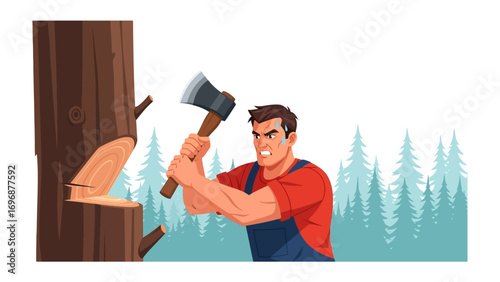 Woodcutter at Work: An illustration of a muscular woodcutter, with focused determination, swings an ax, expertly felling a tree in a forest setting.
