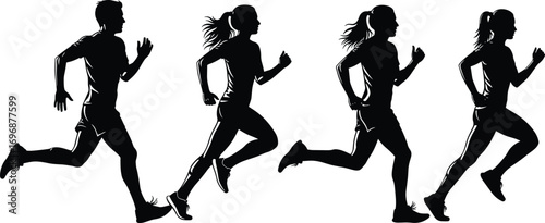 Silhouette running figures of male and female athletes in multiple stride positions showing sports motion, fitness training, and athletic performance vector illustration