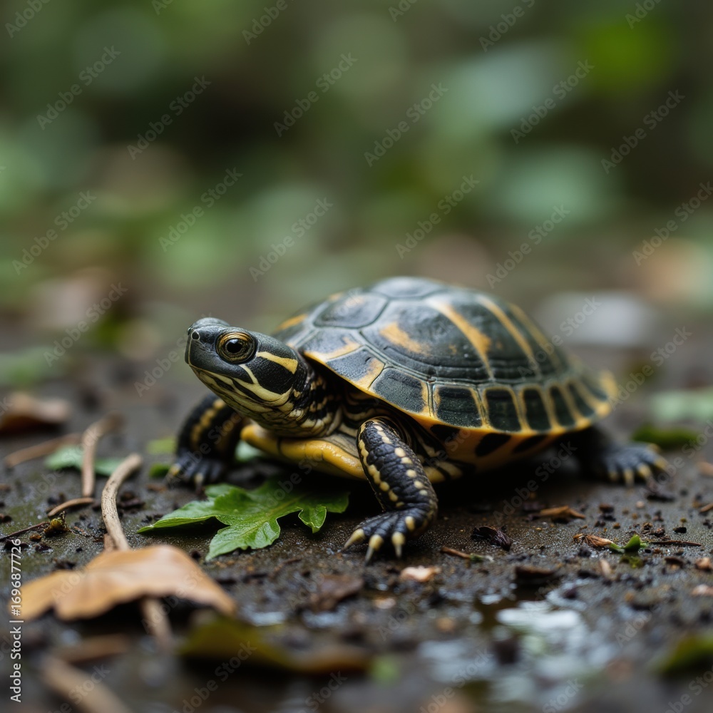Obraz premium A Small Turtle Taking a Slow and Steady Journey Down a Forest Path