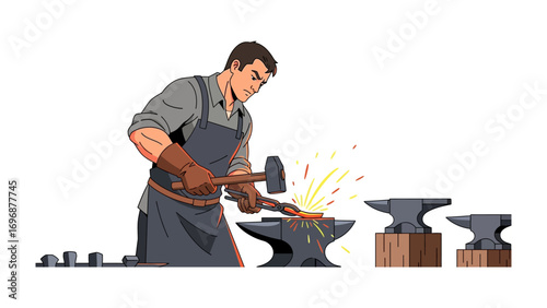 Blacksmith at Work: A blacksmith, focused and skilled, hammers glowing metal on an anvil amidst sparks, showcasing traditional craftsmanship and the art of metalworking.