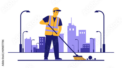 City Cleaner at Work: A dedicated sanitation worker, clad in a high-visibility vest, diligently sweeps the streets, ensuring a clean and tidy urban environment with minimalist lines.
