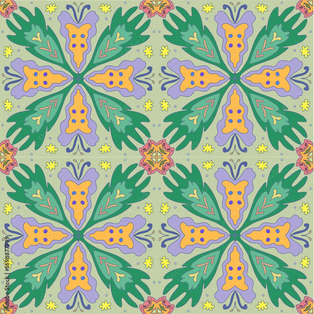 Fototapeta premium Colourful fabric pattern of purple butterfly and green leave