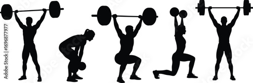 Silhouette illustration of athletes performing weightlifting exercises with barbells and dumbbells, strength training workout poses, fitness and gym vector design