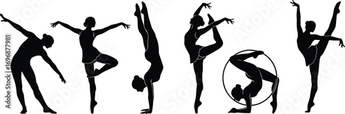 Silhouette female gymnasts performing elegant poses, showcasing flexibility, balance, strength, dance movement, artistic expression, hoop acrobatics, and athletic grace