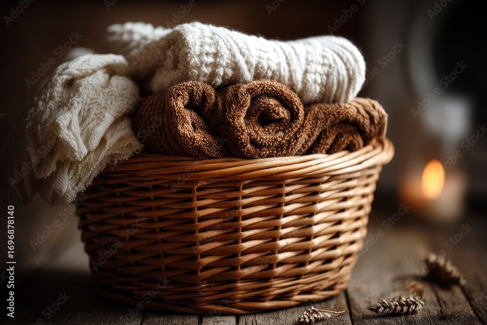 Obraz premium Cozy towels arranged in a woven basket on a rustic wooden table in a warm and inviting setting during the evening