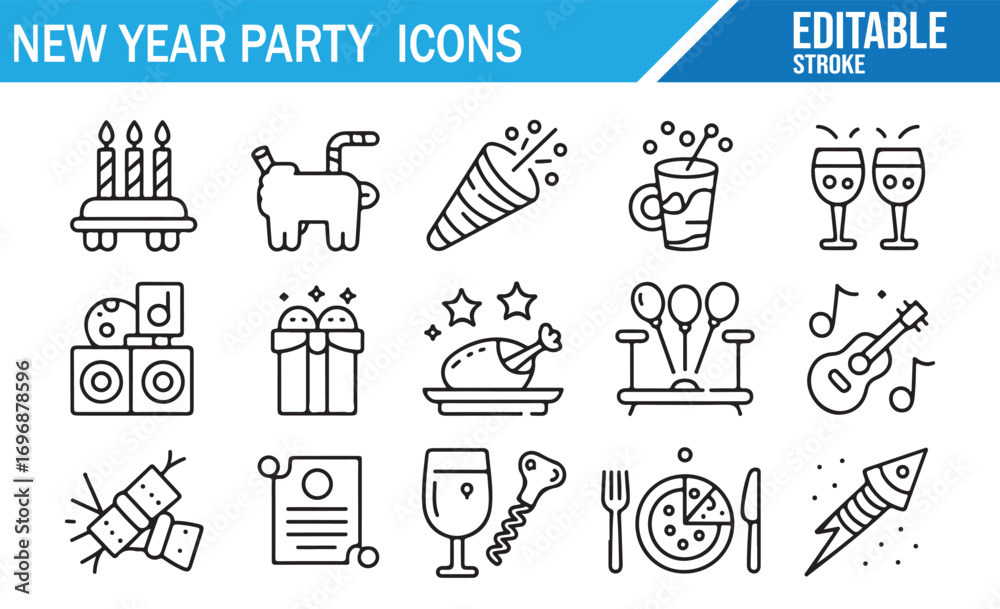 Fototapeta premium New Year line icons set for holiday party design with decorative elements, food, drinks, music, and dancing