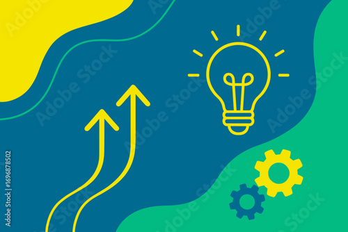 Innovation and growth concept with lightbulb, arrows, and gears on abstract colorful background