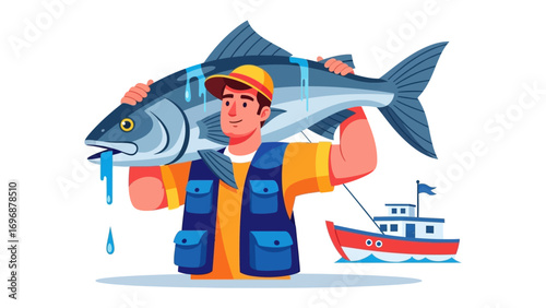 Fishing Triumph: A determined fisherman proudly displays his large catch, a symbol of perseverance and the thrill of a successful day on the water.