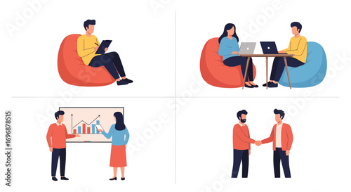Business professionals in various work scenarios collaboration presentation and agreement.