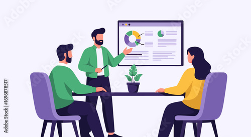 Business Presentation with Pie Chart and Text Displayed to Three Attendees.