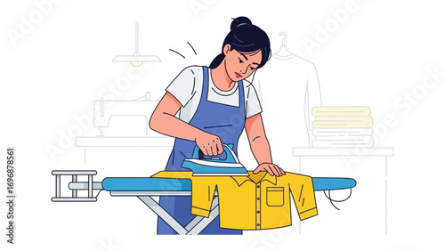 Ironing a Yellow Shirt: In a brightly lit room, a woman carefully irons a yellow shirt, with a neat stack of folded clothing resting nearby, showcasing domestic simplicity and everyday tasks.