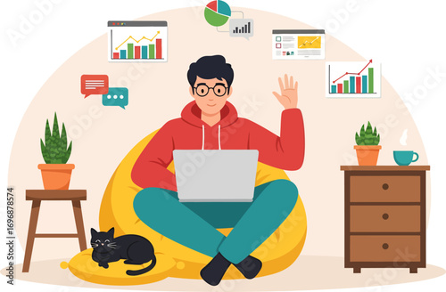 Cartoon man in red hoodie with laptop on beanbag chair with black cat.