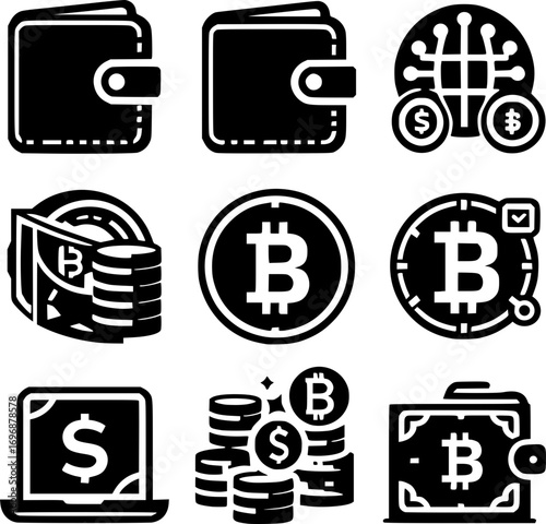 Black and white vector icon set of cryptocurrency wallet, minimalist line art style, secure digital payment and online finance technology design