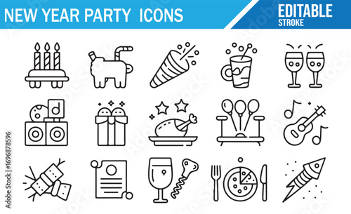 New Year line icons set for holiday party design with decorative elements, food, drinks, music, and dancing