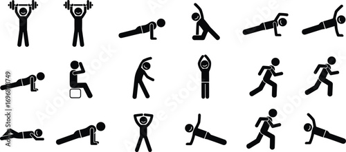 Black stick figure fitness exercise icons set showing weightlifting, push‑ups, stretching, planks, running, crunches, side planks, and various workout poses