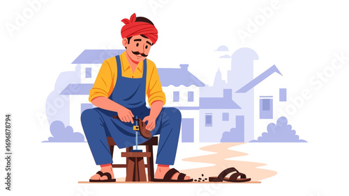 Artisan Craftsman at Work: An artisan, adorned in traditional attire, meticulously crafts an item, showcasing the timeless essence of craftsmanship amidst a backdrop of quaint structures.